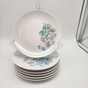 6 Vintage Melmac Royalon Saucers Corsage Violets Johnny Jump Ups 6.25" Nice!